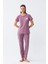 Kadın Mor Patili Tavşan Baskılı Cepli Pijama Takımı 1