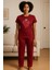 Kadın Kısa Kollu Pijama Takımı Bordo Baskılı 1