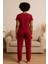 Kadın Kısa Kollu Pijama Takımı Bordo Baskılı 4