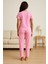 Kadın Pembe Pijama Takımı Kısa Kollu Baskılı 4