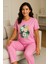 Kadın Pembe Pijama Takımı Kısa Kollu Baskılı 5