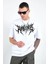 Unisex Bisiklet Yaka Baskılı Oversize T-Shirt - Beyaz 1