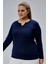 Curve Büyük Beden %100 Pamuklu Likralı Bisiklet Yaka Basic Düz Uzun Kol Lacivert Bluz 3