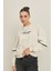 Ekru Bisiklet Yaka Baskılı Oversize Sweatshirt 1