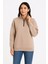 Kadın Üç Iplik Dık Yaka Yarım Fermuarlı Sweatshirt - Bej 1