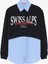 Çizgili Gömlek Garnili Yazı Baskılı Oversize Sweatshirt-Mavi 1