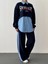 Çizgili Gömlek Garnili Yazı Baskılı Oversize Sweatshirt-Mavi 3