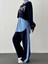 Çizgili Gömlek Garnili Yazı Baskılı Oversize Sweatshirt-Mavi 5