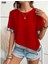 Kadın Kısa Kollu Bisiklet Yaka Asimetrik Kesim Detaylı Pul Payetli Krep Bluz, Kırmızı Gül Figürlü Kolye Hediye 1