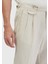 Kum Çizgili Dokuma Carrot Fit Casual %100 Keten Pantolon 4