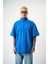 Erkek 3 Nakışlı Yarım Fermuarlı Oversize T-Shirt Mavi 2
