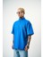 Erkek 3 Nakışlı Yarım Fermuarlı Oversize T-Shirt Mavi 3