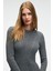 ENCANTO Kadın Yuvarlak Yaka Çizgi Desenli Slim Fit Antrasit Elbise 6