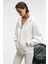 VALENYA Kadın Oversize Kapüşonlu Balon Kollu Metal Fermuarlı Beyaz Sweatshirt 3