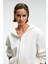 VALENYA Kadın Oversize Kapüşonlu Balon Kollu Metal Fermuarlı Beyaz Sweatshirt 4