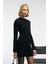 ENCANTO Kadın Yuvarlak Yaka Çizgi Desenli Slim Fit Siyah Elbise 5