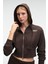 ELARA Kadın Metal Fermuarlı Nakışlı Kapüşonlu Crop Koyu Kahverengi Sweatshirt 1