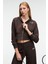 ELARA Kadın Metal Fermuarlı Nakışlı Kapüşonlu Crop Koyu Kahverengi Sweatshirt 2