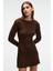 ENCANTO Kadın Yuvarlak Yaka Çizgi Desenli Slim Fit Kahverengi Elbise 1