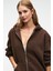 VALENYA Kadın Oversize Kapüşonlu Balon Kollu Metal Fermuarlı Kahverengi Sweatshirt 3
