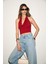 NESLIVA Kadın Degaje Halter Yaka Kalın Askılı Sırtı Açık Crop Kırmızı Bluz 3