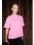 LAGERTHA Kadın %100 organik Pamuklu Kalın Dokulu Oversize Fit Yuvarlak Yakalı Pembe T-Shirt 3