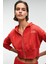 ELARA Kadın Metal Fermuarlı Nakışlı Kapüşonlu Crop Kırmızı Sweatshirt 3