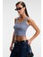 MAVSERA Kadın Kalın Askılı U Yaka Patlı Düğmeli Crop Slim Lacivert / Beyaz Atlet 5