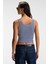 MAVSERA Kadın Kalın Askılı U Yaka Patlı Düğmeli Crop Slim Lacivert / Beyaz Atlet 6