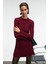 ENCANTO Kadın Yuvarlak Yaka Çizgi Desenli Slim Fit Bordo Elbise 6