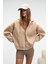 VYSELLE Kadın Önü Kesikli Metal Fermuarlı Kapüşonlu Etiket Detaylı Oversize Vizon Sweatshirt 1