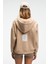 VYSELLE Kadın Önü Kesikli Metal Fermuarlı Kapüşonlu Etiket Detaylı Oversize Vizon Sweatshirt 2