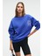 AUDRA Kadın Oversize Yuvarlak Yaka Nakış Detaylı Mavi Sweatshirt 1
