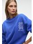 AUDRA Kadın Oversize Yuvarlak Yaka Nakış Detaylı Mavi Sweatshirt 2