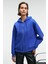 VYSELLE Kadın Önü Kesikli Metal Fermuarlı Kapüşonlu Etiket Detaylı Oversize Mavi Sweatshirt 3