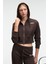 ELARA Kadın Metal Fermuarlı Nakışlı Kapüşonlu Crop Koyu Kahverengi Sweatshirt 4