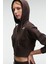 ELARA Kadın Metal Fermuarlı Nakışlı Kapüşonlu Crop Koyu Kahverengi Sweatshirt 5