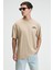 FLAVOR Erkek Oversize %100 Pamuk Baskılı Yuvarlak Yaka Bej T-Shirt 2