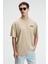 FLAVOR Erkek Oversize %100 Pamuk Baskılı Yuvarlak Yaka Bej T-Shirt 5