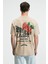 FLAVOR Erkek Oversize %100 Pamuk Baskılı Yuvarlak Yaka Bej T-Shirt 6