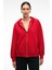 VALENYA Kadın Oversize Kapüşonlu Balon Kollu Metal Fermuarlı Kırmızı Sweatshirt 1