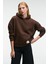 CLARIE Kadın Organik Pamuklu Oversize Kanguru Cepli Kapüşonlu Kahverengi Sweatshirt 3