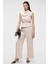 UBANITY Kadın Parlak Kumaşlı Geniş Paçalı Saten Görünümlü Ekru Pantolon 2