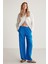 Sadie Kadın %100 Keten Relaxed Kalıp Beli Lastikli Mavi Pantolon 5