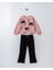 Kız Çocuk Pamuklu Pembe Fiyonk Desenli T-Shirt ve Siyah Inci Düğme Detaylı Pantolon Takım 2