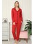 Moda Kadın %100 Pamuk Penye Önden Düğmeli Uzun Kol Pijama Takım Kırmızı 1