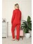 Moda Kadın %100 Pamuk Penye Önden Düğmeli Uzun Kol Pijama Takım Kırmızı 4