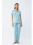 Moda Kadın Buz Mavisi Yıldız Desenli Önden Düğmeli Pijama Takımı 2