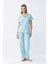 Moda Kadın Buz Mavisi Yıldız Desenli Önden Düğmeli Pijama Takımı 5
