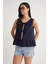 4717 Kadın Önü Bağcıklı Fırfırlı Kolsuz Keten Bluz Lacivert 3
